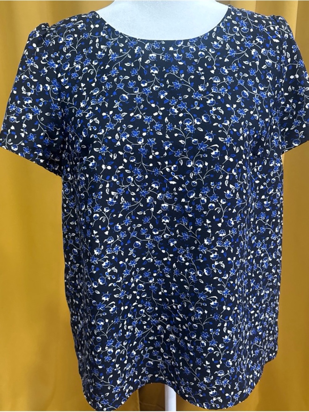 J. Crew Navy Floral Short Sleeve Top with Blue & White Accents